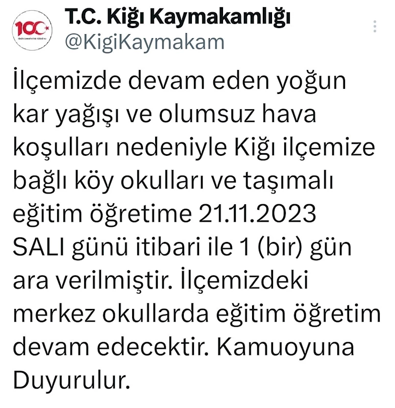 Yedisu’dan sonra Kiğı’da da taşımalı eğitime 1 gün ara verildi
