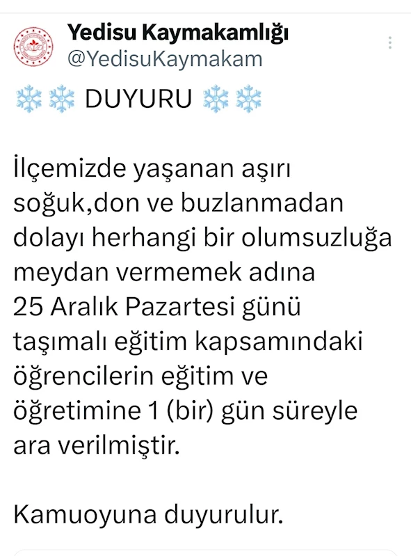 Bingöl’de iki ilçede daha taşımalı eğitime 1 gün ara verildi
