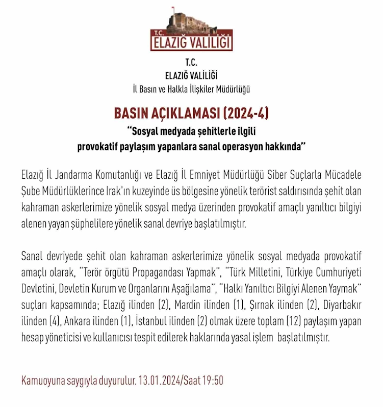 Şehitler üzerinden provokatif paylaşım yapan 12 hesap tespit edildi, yasal işlem başlatıldı
