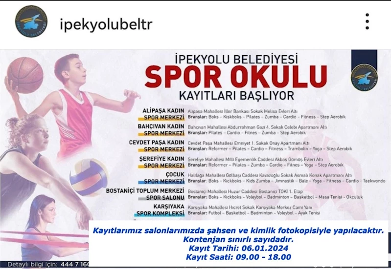 İpekyolu Belediyesinin yeni dönem spor okulu kayıtları başlıyor