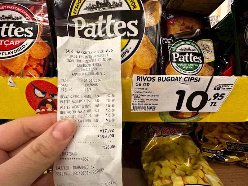 ŞOK marketin rafında cips 10,95, kasada 19,90 TL
