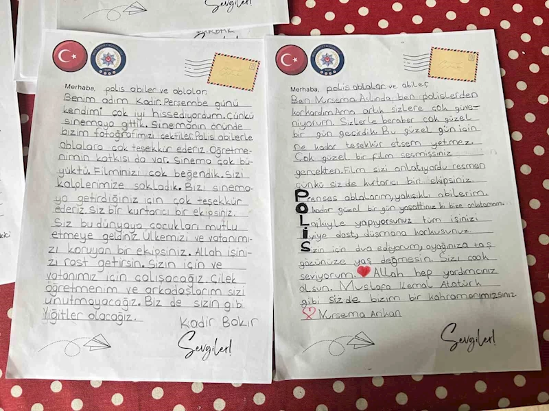 Sinema etkinliğine katılan öğrencilerden polislere teşekkür mektubu

