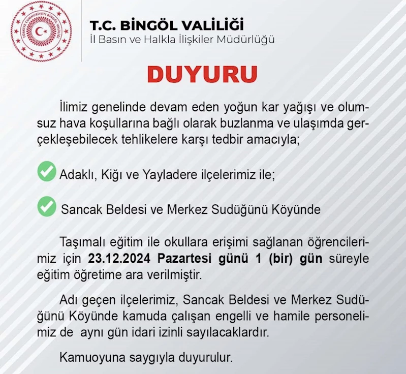 Bingöl’ün üç ilçesinde taşımalı eğitime 1 gün ara verildi
