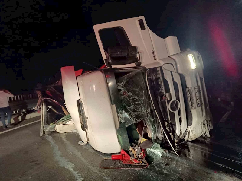 Bingöl’de kontrolden çıkan tır köprüde yan yattı
