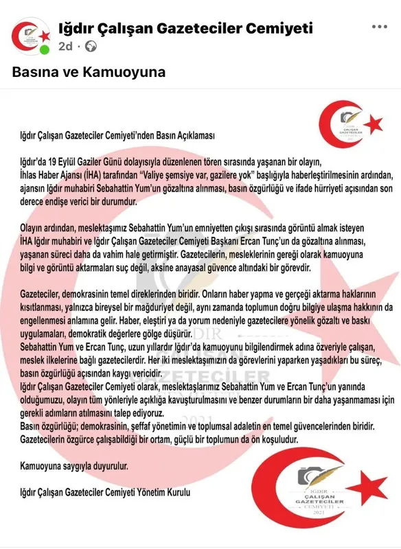 Iğdır Çalışan Gazeteciler Cemiyeti’nden iki gazetecinin gözaltına alınmasına tepki

