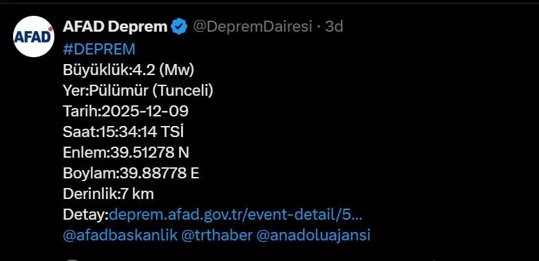 Tunceli’de 4.2 büyüklüğünde deprem
