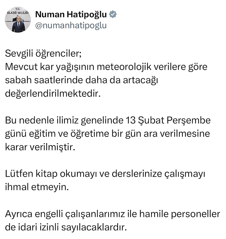 Elazığ’da eğitime 1 gün ara verildi
