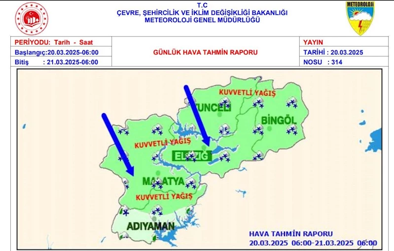 Meteorolojiden Elazığ için kuvvetli yağış ve rüzgar uyarısı
