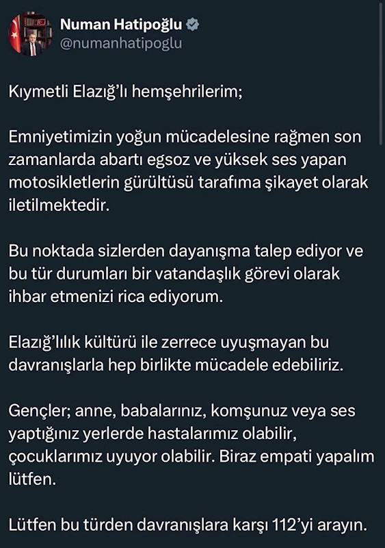 Elazığ Valisi Hatipoğlu’ndan vatandaşlara çağrı
