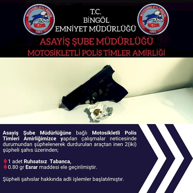 Bingöl’de ruhsatsız tabanca  ve uyuşturucu ele geçirildi
