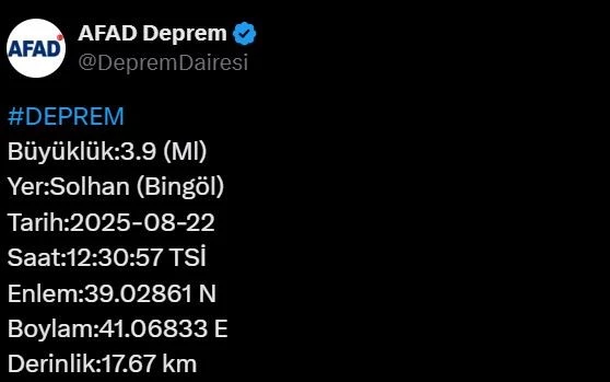Bingöl’de 3.9 büyüklüğünde deprem
