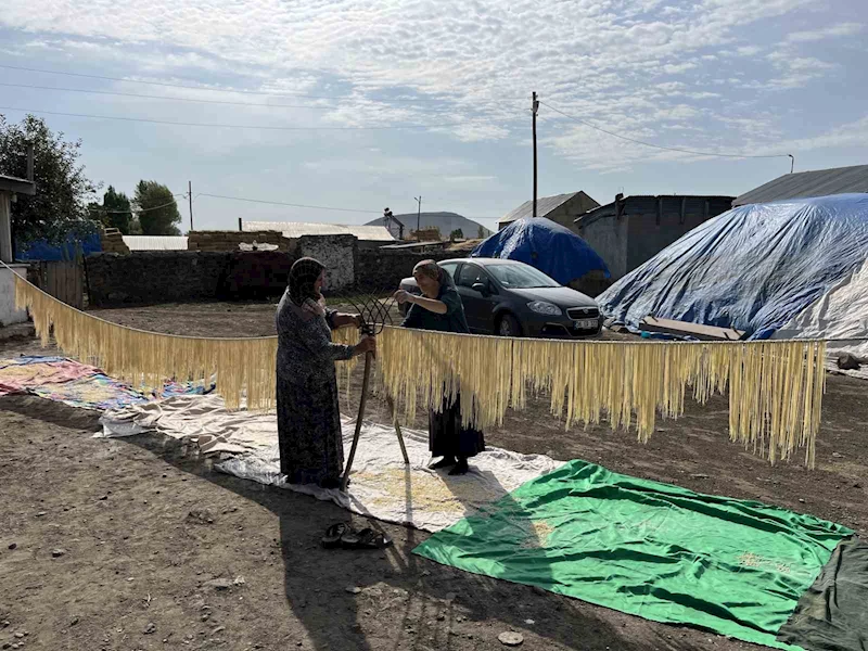 Kars’ta köylü kadınlar imece usulü erişte kesiyor
