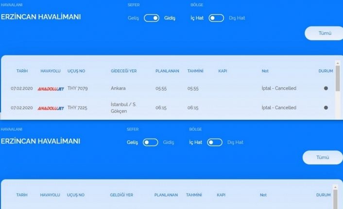 Erzincan’da havayolu ulaşımına rüzgar engeli