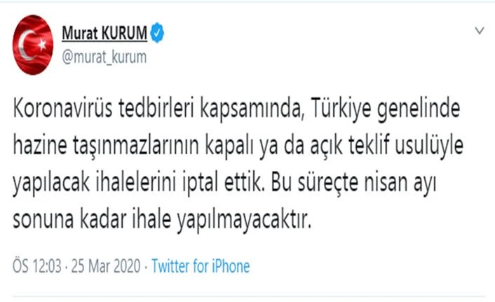 Çevre ve Şehircilik Bakanı Kurum: Hazine taşınmazlarının ihaleleri iptal edildi