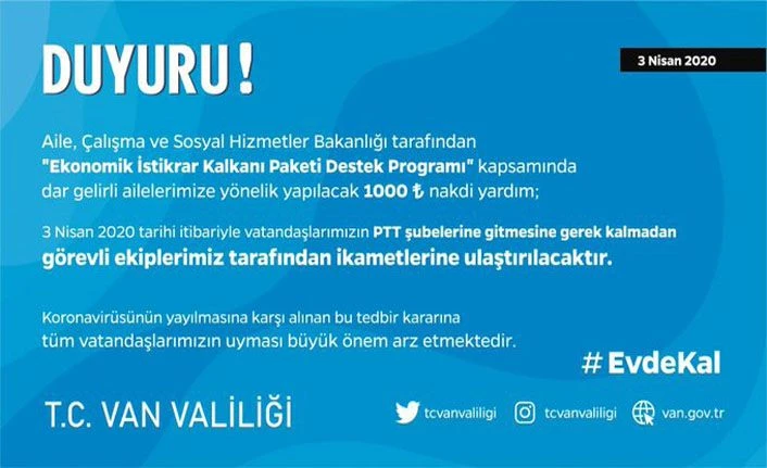Van Valisi Bilmez: Sosyal yardımlar PTT şubelerinden ödenmeyecek