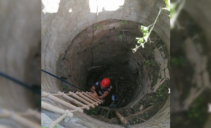 Kuyuya düşen inek, itfaiye ekipleri tarafından kurtarıldı