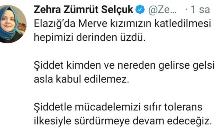 Bakan Zehra Zümrüt Selçuk:"Şiddet kimden ve nereden gelirse gelsin asla kabul edilemez"