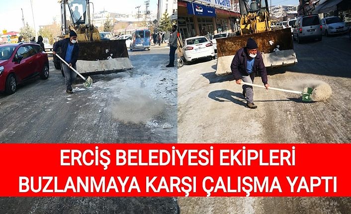 Erciş Belediyesi ekipleri buzlanmaya karşı çalışma yaptı